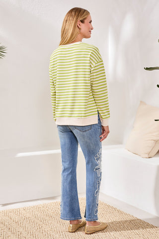 Cotton Crewneck Drop‑Shoulder Long Sleeve Top with Combo Trim-Mintleaf