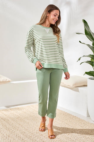 Cotton Crewneck Drop‑Shoulder Long Sleeve Top with Combo Trim-Moss
