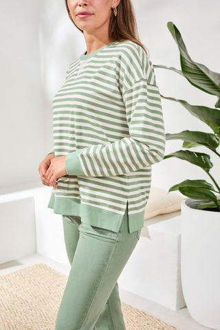 Cotton Crewneck Drop‑Shoulder Long Sleeve Top with Combo Trim-Moss