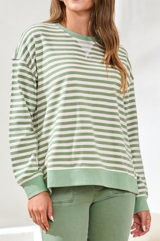 Cotton Crewneck Drop‑Shoulder Long Sleeve Top with Combo Trim-Moss