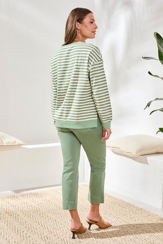 Cotton Crewneck Drop‑Shoulder Long Sleeve Top with Combo Trim-Moss