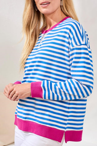 Cotton Crewneck Drop‑Shoulder Long Sleeve Top with Combo Trim-Turkishsea