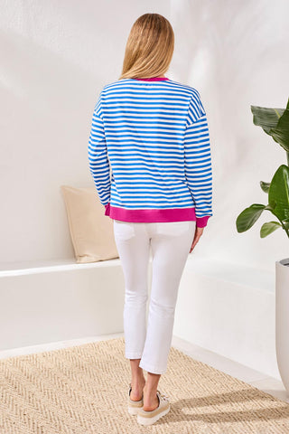 Cotton Crewneck Drop‑Shoulder Long Sleeve Top with Combo Trim-Turkishsea