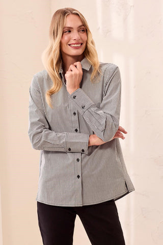 Striped Stretch Poplin Long Sleeve Button Front Shirt-Black