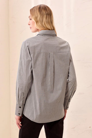 Striped Stretch Poplin Long Sleeve Button Front Shirt-Black
