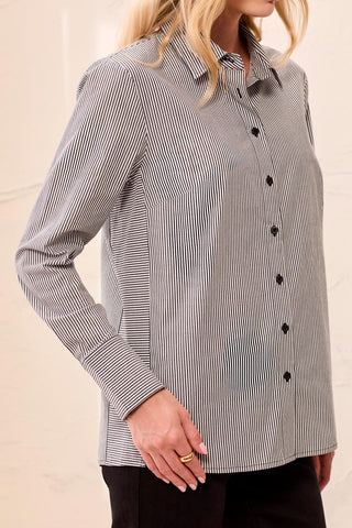 Striped Stretch Poplin Long Sleeve Button Front Shirt-Black
