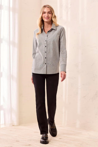 Striped Stretch Poplin Long Sleeve Button Front Shirt-Black