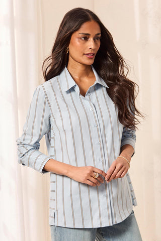 Chemise Boutonnée En Popeline Extensible À Rayures Tissées-Brouillard bleu