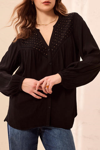 Stud Eyelet Embellishment Yoke Puff Sleeve Flowy Blouse-Black