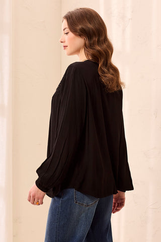 Stud Eyelet Embellishment Yoke Puff Sleeve Flowy Blouse-Black