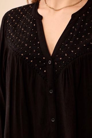 Stud Eyelet Embellishment Yoke Puff Sleeve Flowy Blouse-Black