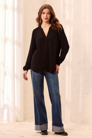 Stud Eyelet Embellishment Yoke Puff Sleeve Flowy Blouse-Black