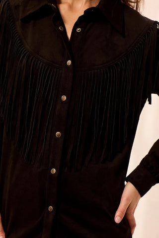 Suede Fringe Short With Western Yoke And Snap Button-Front-Black