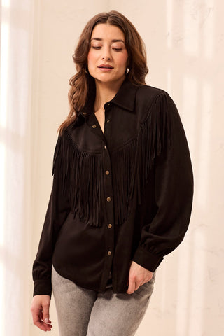 Suede Fringe Short With Western Yoke And Snap Button-Front-Black