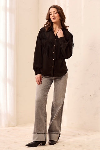 Suede Fringe Short With Western Yoke And Snap Button-Front-Black