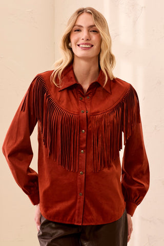 Suede Fringe Short With Western Yoke And Snap Button-Front-Intenserust