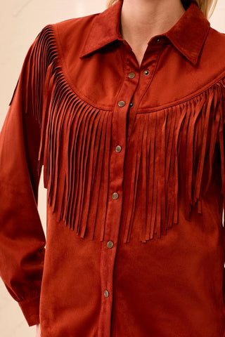 Suede Fringe Short With Western Yoke And Snap Button-Front-Intenserust
