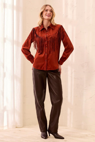 Suede Fringe Short With Western Yoke And Snap Button-Front-Intenserust