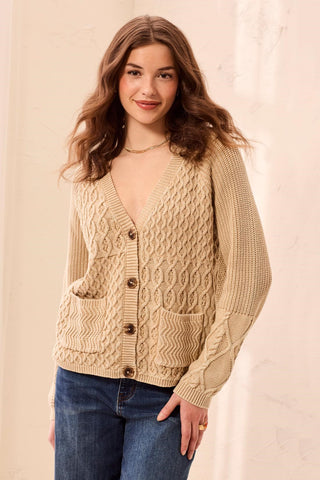 Cable Knit Special Wash V-Neck Sweater Cardigan-Pashmina
