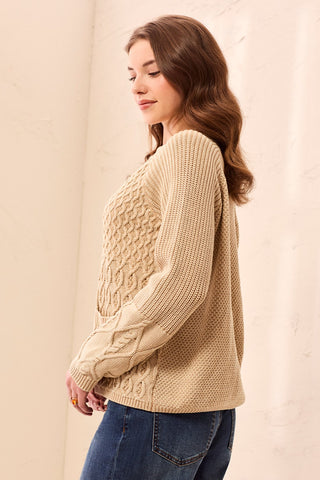 Cable Knit Special Wash V-Neck Sweater Cardigan-Pashmina