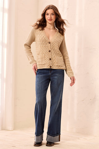 Cable Knit Special Wash V-Neck Sweater Cardigan-Pashmina