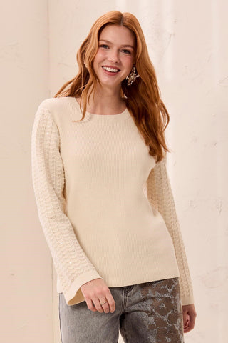 Sweater With Chevron Knit Studded Bell Sleeve-Cream