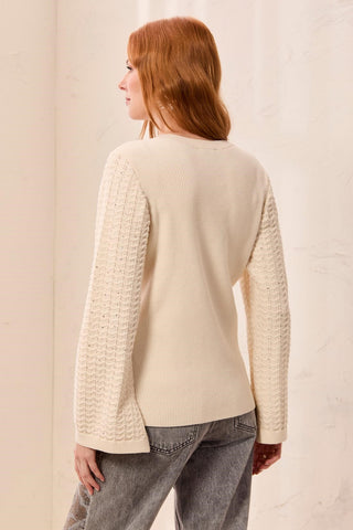 Sweater With Chevron Knit Studded Bell Sleeve-Cream