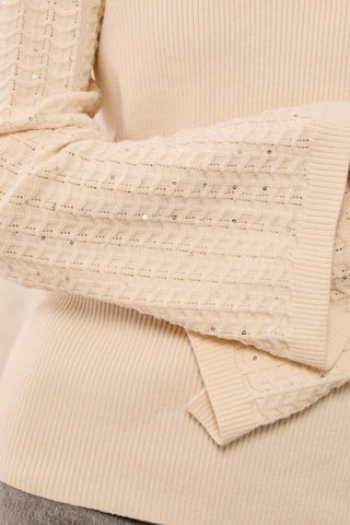 Sweater With Chevron Knit Studded Bell Sleeve-Cream
