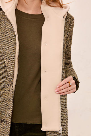Tailored Herringbone Car Coat With Removable Fooler Hoodie-Saddlebrown