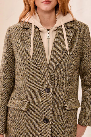 Tailored Herringbone Car Coat With Removable Fooler Hoodie-Saddlebrown