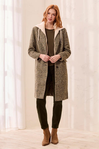 Tailored Herringbone Car Coat With Removable Fooler Hoodie-Saddlebrown