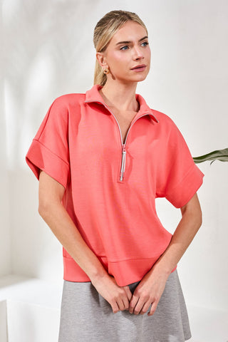 Techno Lux Mock Neck Zip Top-Grapefruit