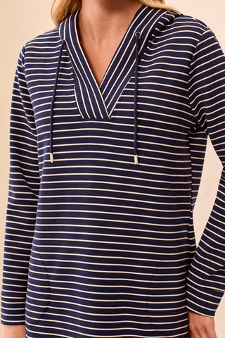 TECHNO LUX Striped V-Neck Hooded Shift Dress-Jet blue