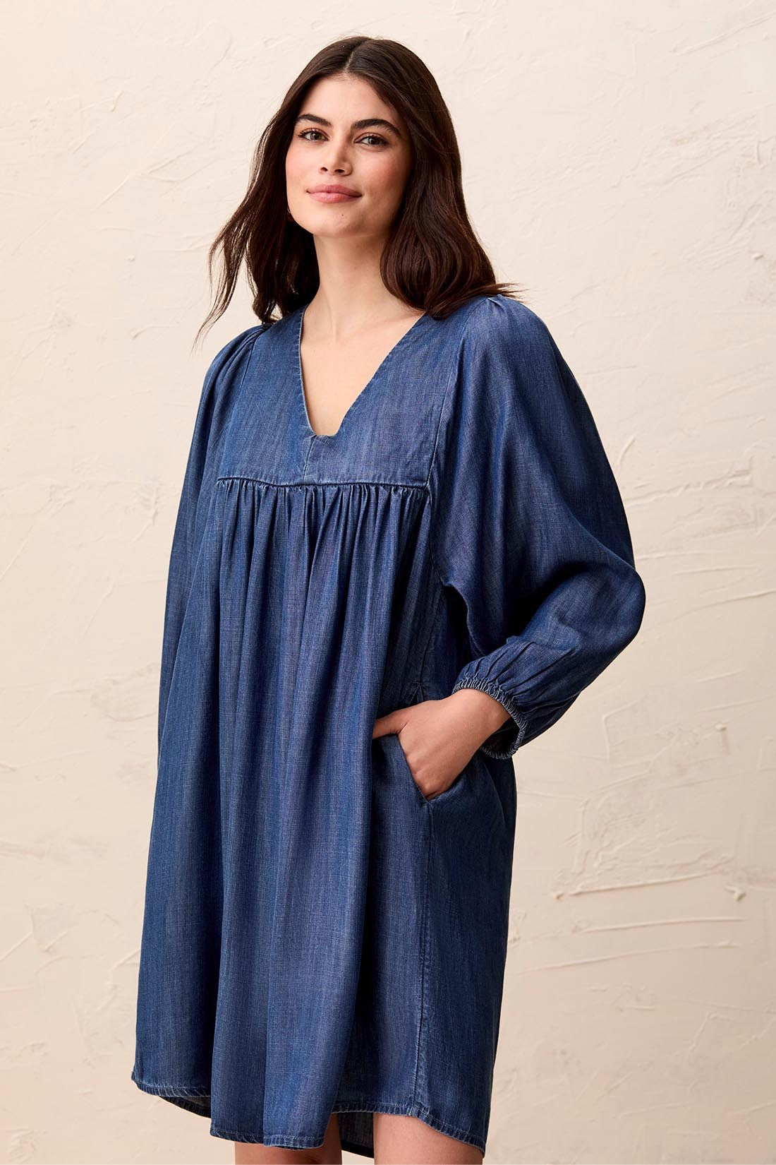 Tencel V-Neck Puff Sleeve Empire Waist Dress-Medwash S