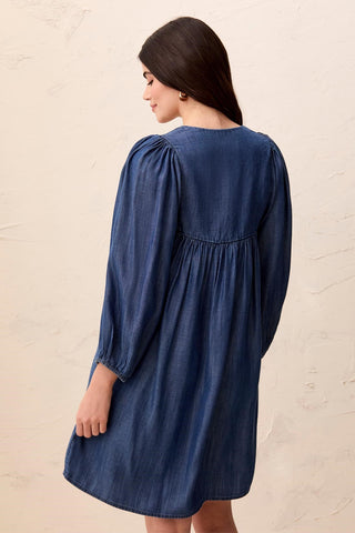 Tencel V-Neck Puff Sleeve Empire Waist Dress-Medwash