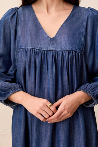 Tencel V-Neck Puff Sleeve Empire Waist Dress-Medwash
