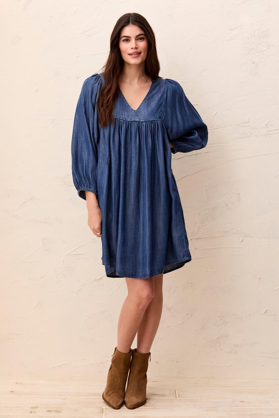 Tencel V-Neck Puff Sleeve Empire Waist Dress-Medwash S