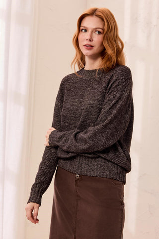 Textured Crew Neck High-Low Sweater-H black