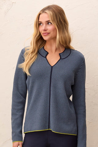 Textured Diagonal Stripe Split Neck Sweater-Blue fog