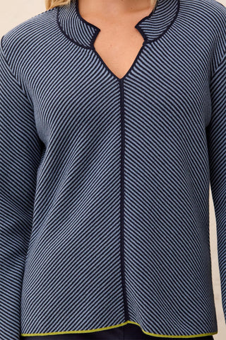Textured Diagonal Stripe Split Neck Sweater-Blue fog