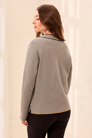 Textured Diagonal Stripe Split Neck Sweater-Grey mix