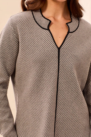 Textured Diagonal Stripe Split Neck Sweater-Grey mix