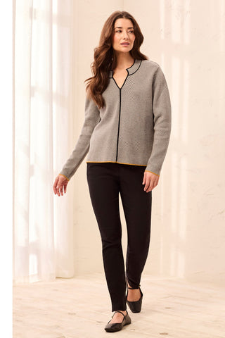 Textured Diagonal Stripe Split Neck Sweater-Grey mix