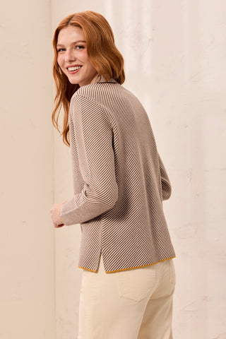 Textured Diagonal Stripe Split Neck Sweater-Oatmeal