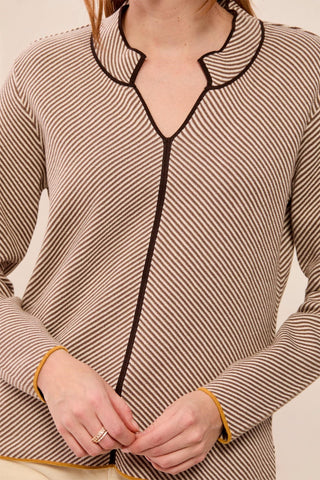 Textured Diagonal Stripe Split Neck Sweater-Oatmeal