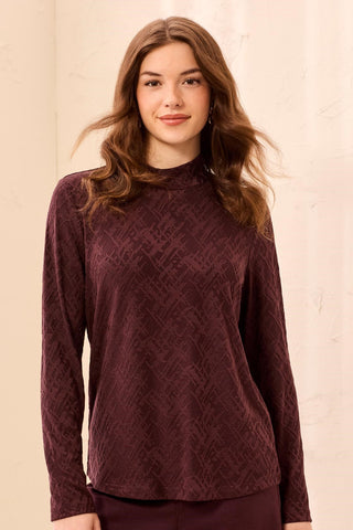 Textured Jacquard Long Sleeve Mock Neck Knit Top-Fudge