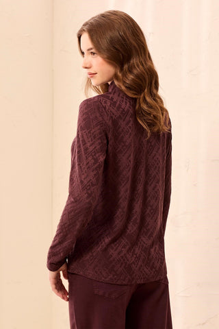 Textured Jacquard Long Sleeve Mock Neck Knit Top-Fudge