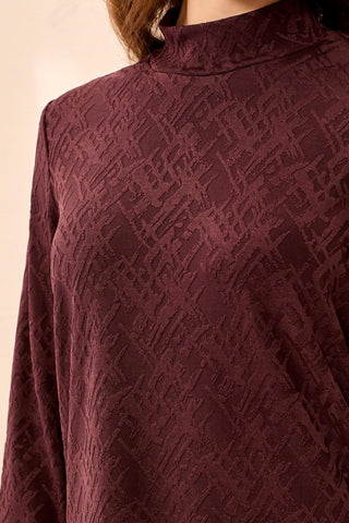 Textured Jacquard Long Sleeve Mock Neck Knit Top-Fudge