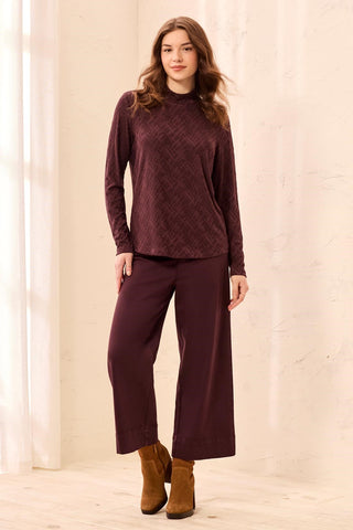 Textured Jacquard Long Sleeve Mock Neck Knit Top-Fudge