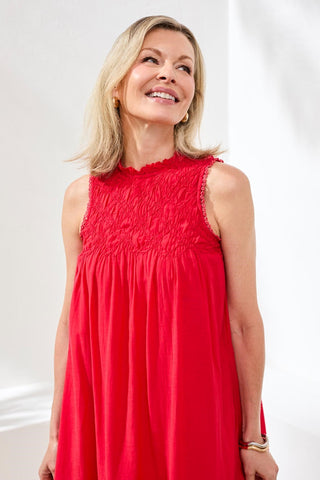 Textured Poplin Sleeveless Crewneck A-Line Dress-Sangria